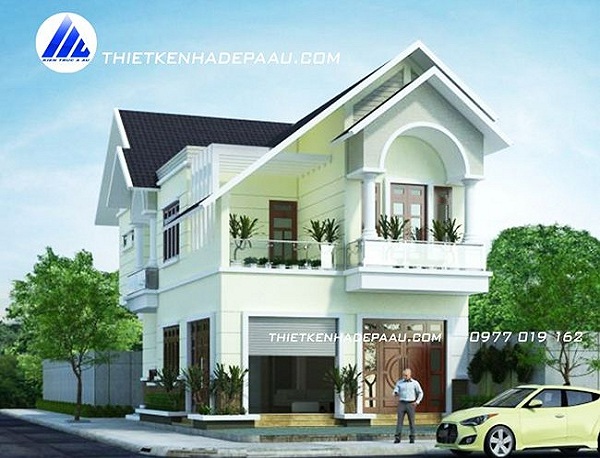 Không gian ngoại thất căn biệt thự 2 tầng tân cổ điển 135m2 Bản phối cảnh biệt thự 2 tầng tân cổ điển 135m2