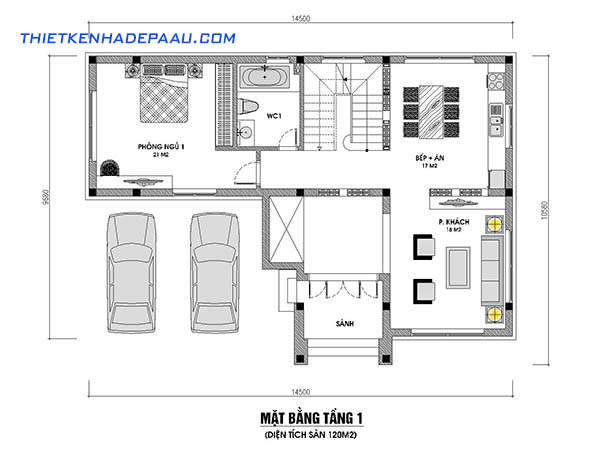 Mặt bằng tầng 1 nhà biệt thự phố 2 tầng mái thái Mẫu biệt thự vườn 2 tầng 120m2 tại Vĩnh Phúc-mb1