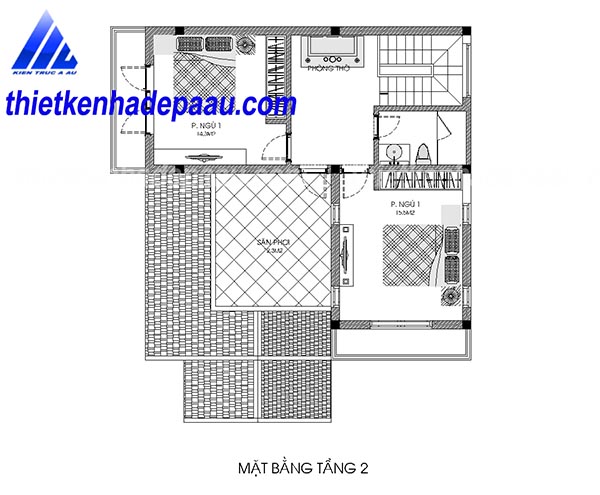 Mặt bằng tầng 2 Thiết kế biệt thự 2 tầng mái thái hiện đại 100m2 tại Hà Nam- mb2
