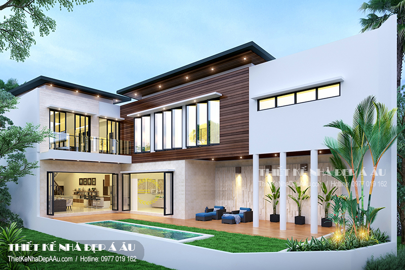 Bản vẽ phối cảnh của biệt thự 2 tầng hiện đại mái xếp 2 tầng. mẫu biệt thự phong cách hiện đại đẹp