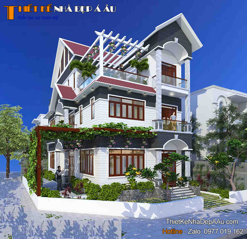 Phối cảnh biệt thự 3 tầng mái thái mặt tiền 9m