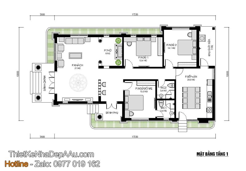 Bản vẽ thiết kế nhà cấp 4 3 phòng ngủ 1 phòng thờ 14x11m2 đẹp tại Bắc Ninh  KKNC4061  Kakoi  Công ty thiết kế và thi công nhà ở đẹp